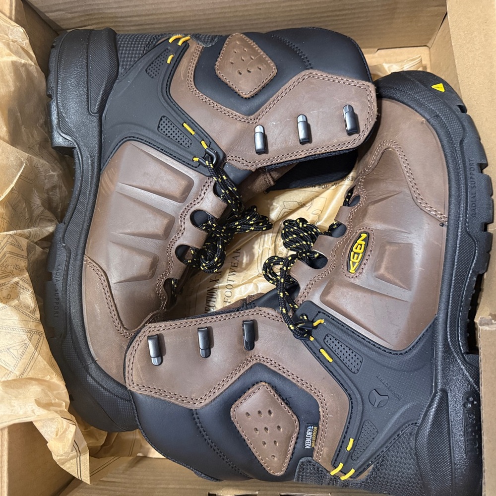 KEEN Brown and Black Men's Waterproof Work Boots with Yellow Accents